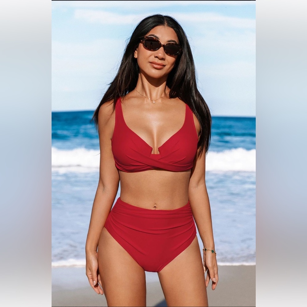Cupshe Red High Waist V-Neck Bikini Set